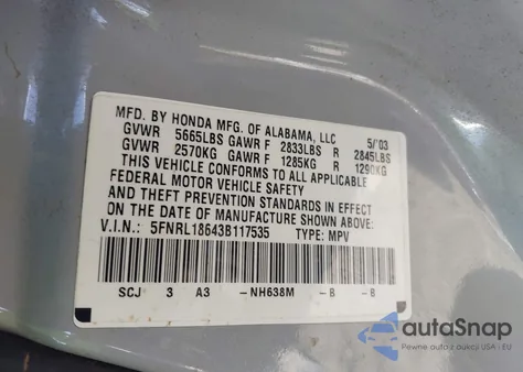 2003 Honda Odyssey Ex z USA, uszkodzony, nr VIN 5FNRL18643B117535